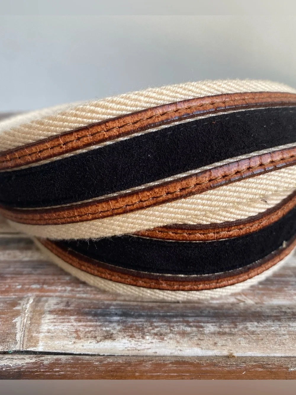Bogner vintage canvas striped leather buckle belt preppy 80s casual coastal S